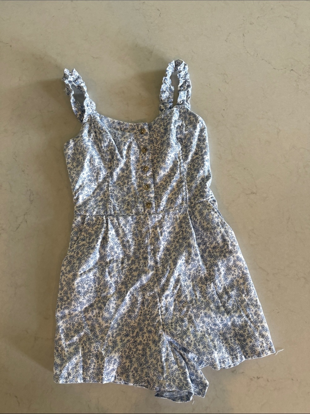 NWT- Medium Hollister White Romper with Pockets- Blue Floral Trim